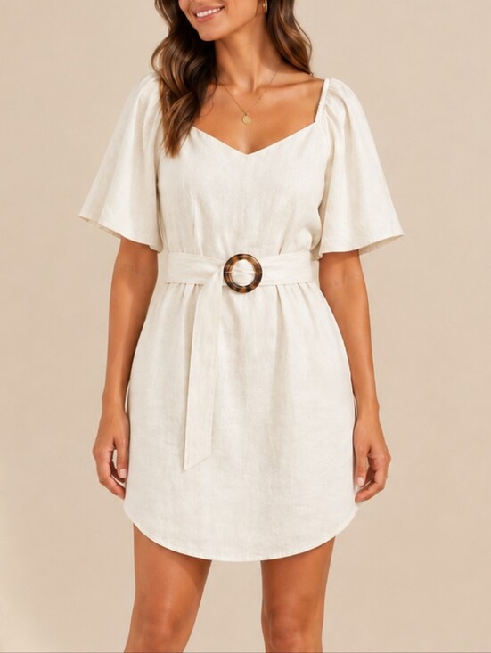 None Dresses & Skirts - Cottagecore White Linen Mini Dress Puff Sleeve Belted Sweetheart Women 8 Coastal